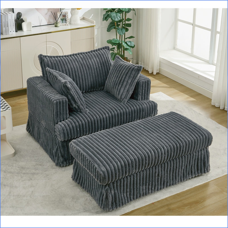 Chaise Lounge with Ottoman, 47.7'' Oversized Corduroy Deep Seat Reclining Sofa Chair, Dark Gray | Polyester | Wood, Gray