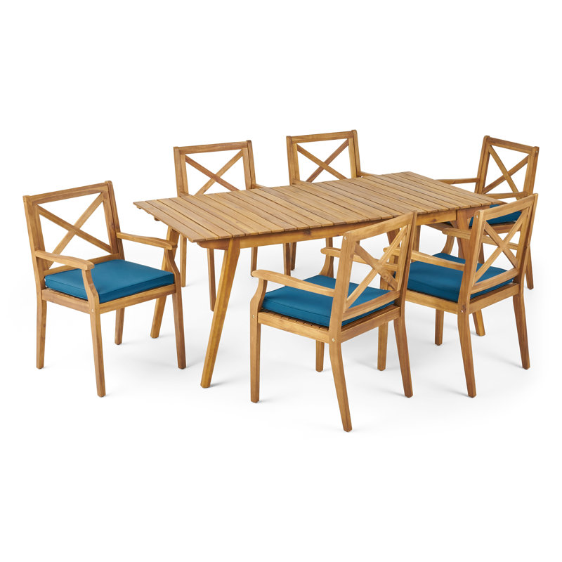 Ensemble repas en teck avec coussins Orchard Hill, Teck, Bleu