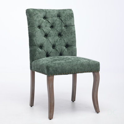 Upholstered Chenille Fabric Accent Dining Chair, Elegant Tufted Backrest, Curved Solid Wood Legs, Set of 2, Olive Green