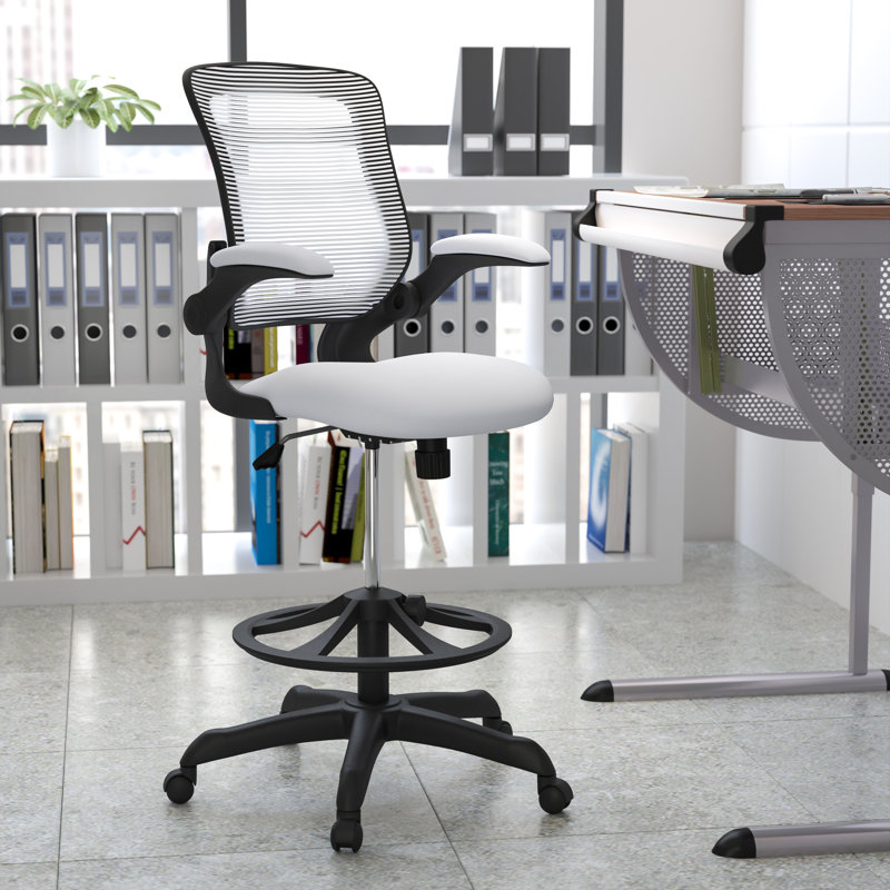 Mid-Back Mesh Ergonomic Drafting Chair with Adjustable Foot Ring and Flip-Up Arms, White