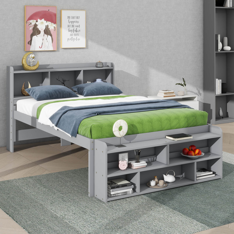 Lit double avec tête de lit bibliothèque intégrée, tiroirs et rangement au bout du lit, Gris