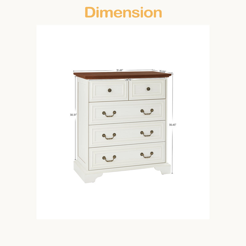Commode 5 tiroirs Farmhouse pour chambre à coucher, commode rustique à texture naturelle, design rétro, rangement pour commodes