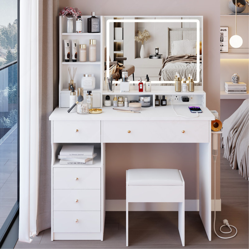 41" Large Size Left Drawer Desktop Vanity Table With Cushioned Stool Dresser Set,2 AC Outlets And 2 USB Ports Power Station,Hair Dryer Stand,Extra-Large Touch-Control Led Mirror,3-Switching