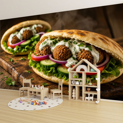Peel and Stick Wallpaper 69" L x 96" W Modern Self Adhesive Wall Mural for Bedroom - With Falafel Fresh Vegetables Bread Wooden Table Print