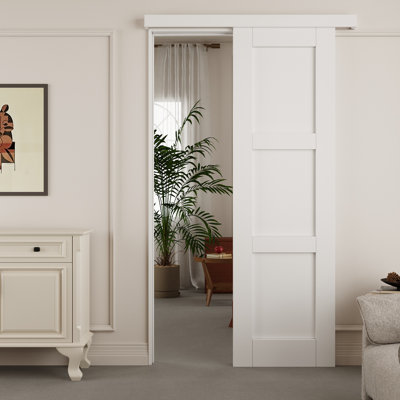 Ready-To-Install Panel, Hidden Track System 3-Panel Sliding Barn Door White Primed Closet With Installation Hardware Kit and Soft Close