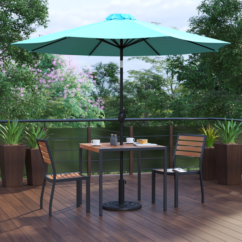 Abi-Louise Faux Teak Patio Table, 2 Chairs & 9FT Patio Umbrella with Base, Teal Umbrella