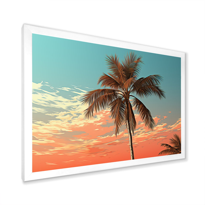Palmier au coucher du soleil sur toile, H 12 po x l 20 po x P 1 po, Cadre photo blanc