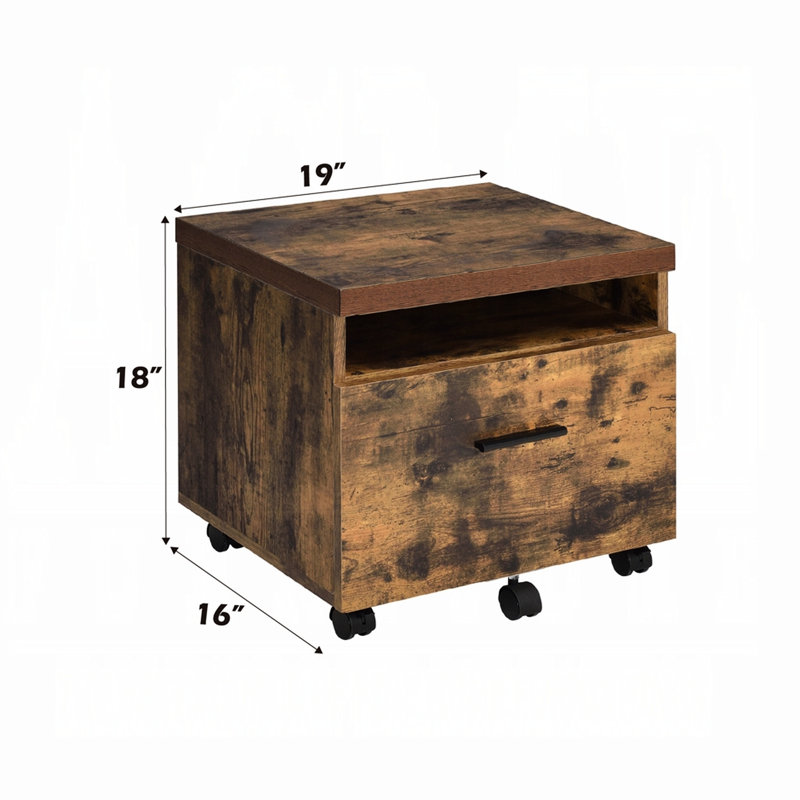 Classeur industriel en chêne vieilli de 1 pièce avec tablette ouverte, tiroir et roulettes pour le rangement dans l'organisation du bureau à domicile