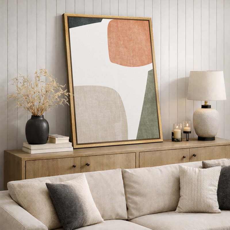 Mid Century Shape "Muted Abstract Color Blocks Artwork, Vibrant Simple Neutral Modern Wall Pictures, Framed Canvas Giclee Print Wall Art"