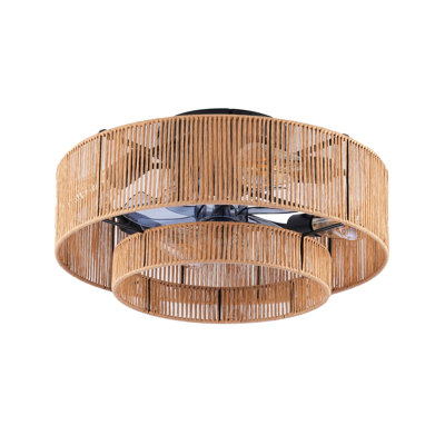 20" Double Tier Rope Caged  Flush Mount Ceiling Fan with Light Kit (NOT INCLUDED BULBS) ,With Remote Control, Low Profile Chandelier 6 Speed DC Motor Reversible Ceiling Fan For  Living Room Bedroom.