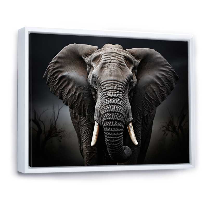 Éléphant silencieux majestueux III - Éléphant, art mural, H 30 po x l 40 po x P 1,5 po, Cadre flottant blanc