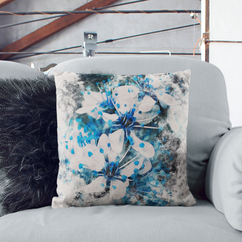 Blue Cherry Tree Flowers Watercolour Floral Square Throw Cushion, 55cm H x 55cm W x 20cm D, Stone