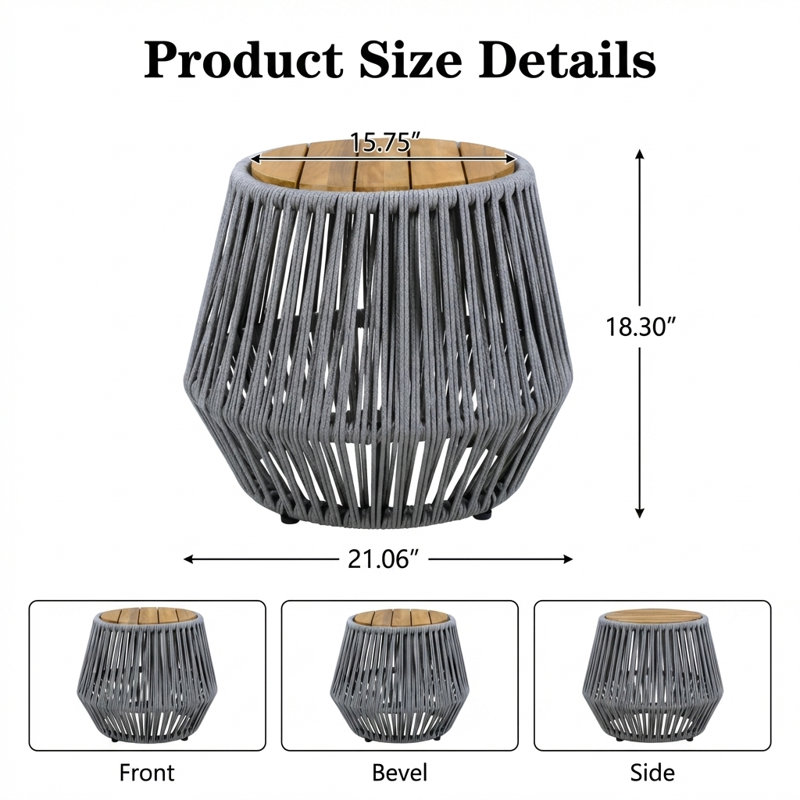 Table d'appoint durable et résistante aux intempéries avec plateau en bois massif et base tissée à la main, pièce polyvalente polyvalente