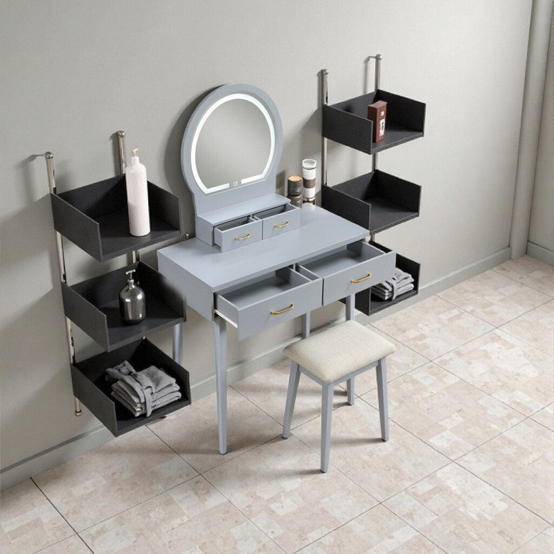 54 Inch Vanity Dresser with LED Mirror, 4 Drawer Dressing Table Set with Stool, Gray