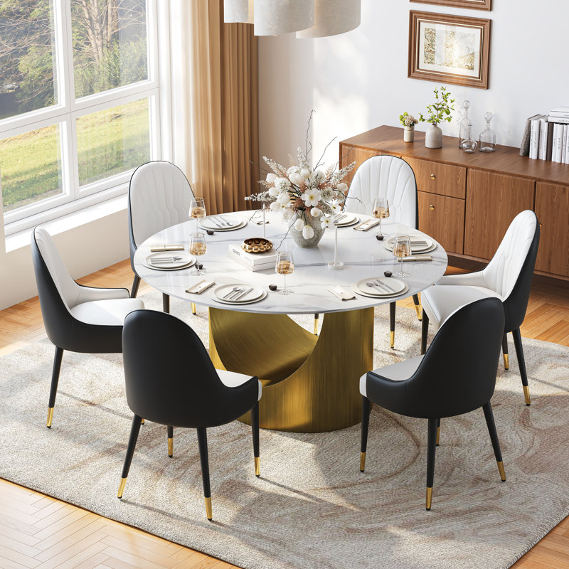 7-Piece Round Dining Set, 59" Rock Plate Table With Brushed Gold Base & 6 Faux Leather Chairs With Diamond-Quilted Back
