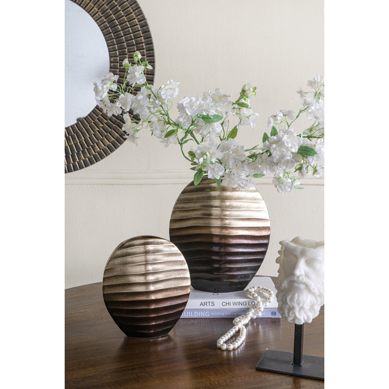 10X5x12" Round Aluminum Vase With Gold To Bronze Ombre Finish, 12"