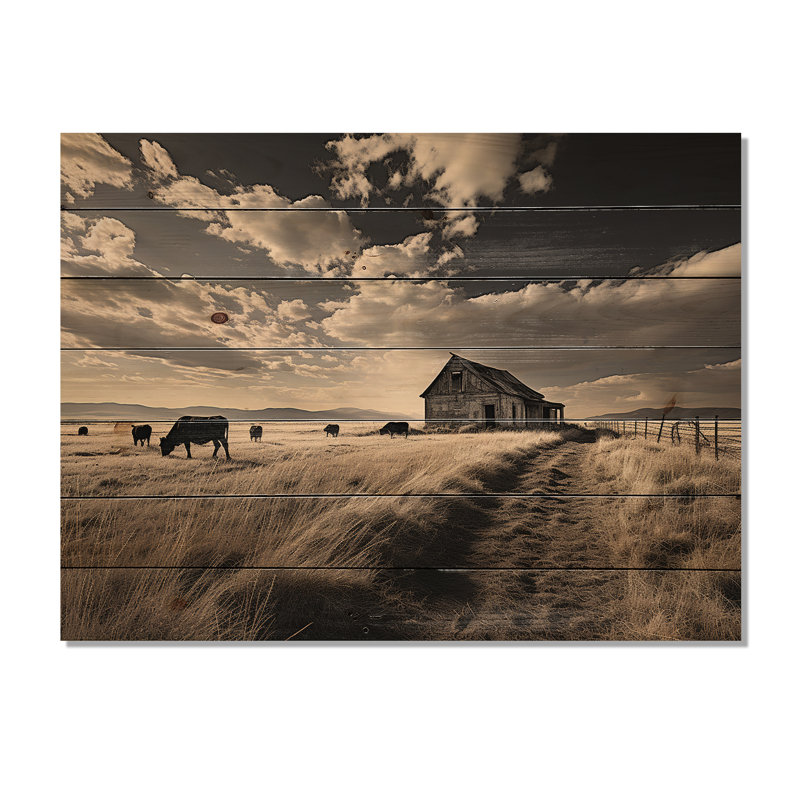 Bétail «Horizon silencieux III» sur bois, H 10 po x l 20 po x P 0,78 po