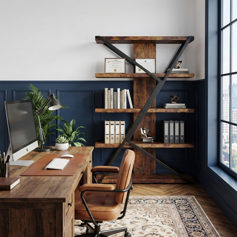5-Tier Industrial Etagere Bookcase, Rustic Wood and Metal Freestanding Bookshelf with Geometric Frame for Home Office & Living Room