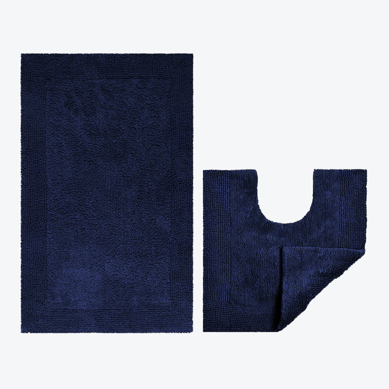 100% Cotton Bath Mat and Pedestal Mat Set, Navy Blue