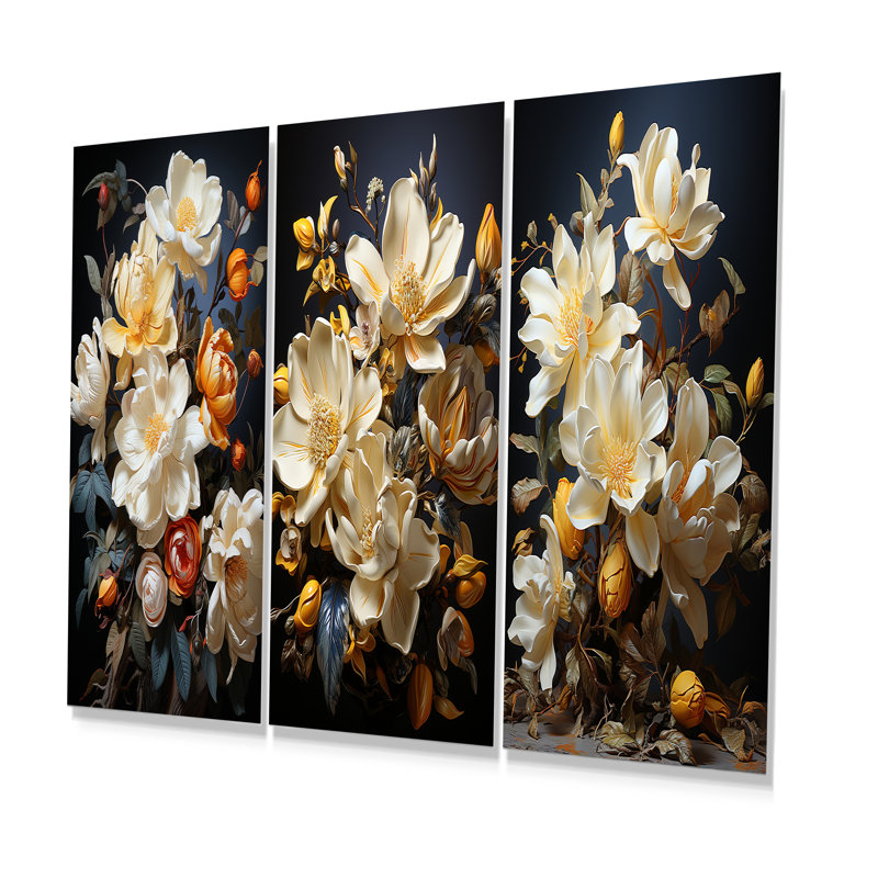 Majestic jaune doré Magnolias - Magnolias, ensemble de 3 impressions sur métal, H 32 po x l 48 po