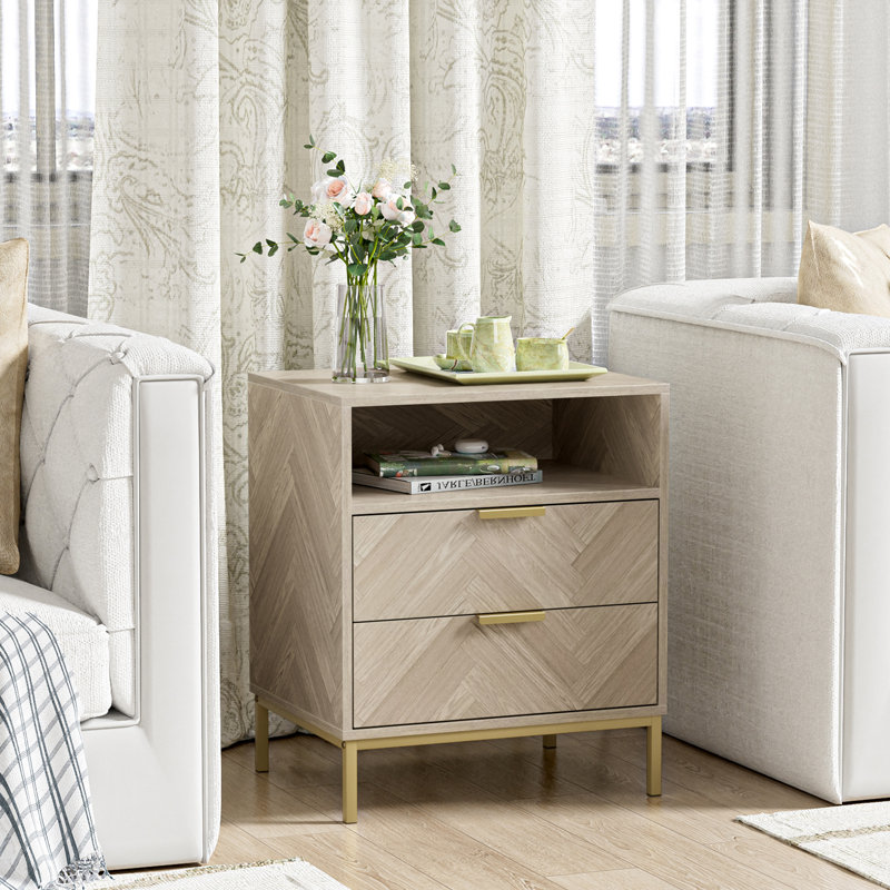 Modern Nightstand for Bedroom, 2 Drawer Nightstand Square Bedside Table End Table with Storage for Bedroom, Oak, Individual