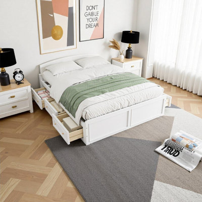 Structure de lit plateforme en bois blanc avec 6 tiroirs de rangement intégrés, aucun sommier nécessaire