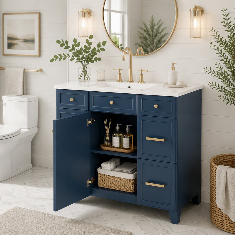 Meuble-lavabo double de 91 cm avec lavabo, armoire de rangement autoportante avec portes et tiroirs, Bleu