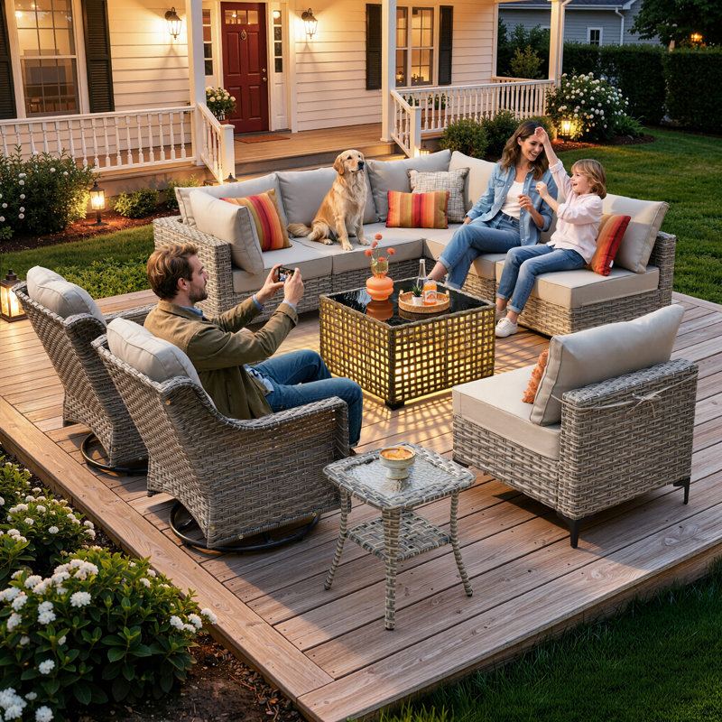 10- Piece Outdoor Patio Furniture Set, All - Weather Wicker Swivel Chairs with Thick Padded Cushions, Sectional Sofa, Coffee Table & Side Table for Garden, Backyard & Patio