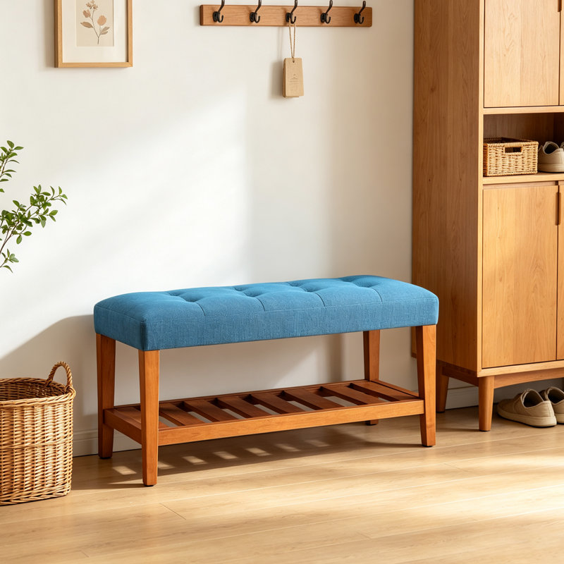 Banc Charla vintage américain de 101,6 cm (40 po) en tissu – Assise capitonnée bleue, pieds fuselés en bois massif, tablette inférieure ouverte, pouf de rangement multifonctionnel pouvant servir de repose-pieds dans l'entrée ou de repose-pieds dans la chambre.