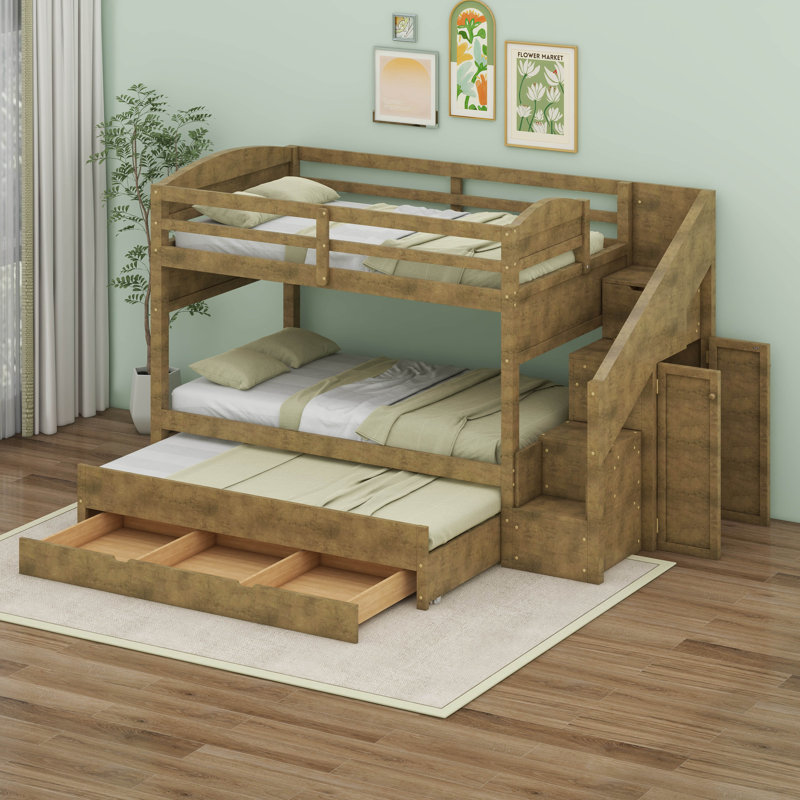 Twin XL Bunk Bed With Trundle Three Storage Drawers Storage Staircase And Wardrobe Ideal Space Saving Solution, Walnut