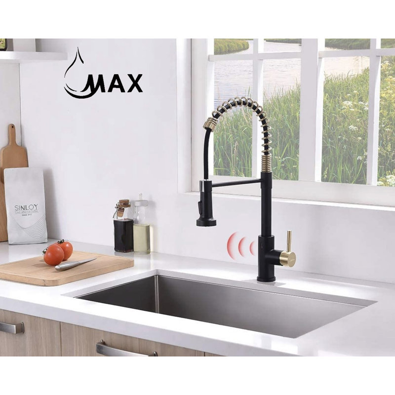 Robinet de cuisine extractible à poignée simple Touch Out, Noir mat / nickel brossé