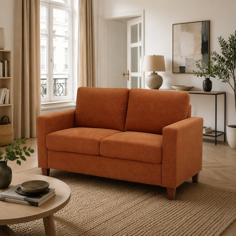 Causeuse 2 places Mid-Century moderne avec coussins en mousse haute densité, Orange Polyester