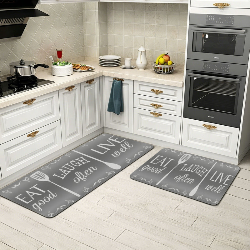 Light Grey Eat Laugh Live Cutlery Print 2 Piece Kitchen Mats for Casual Kitchen, Farm Hallway