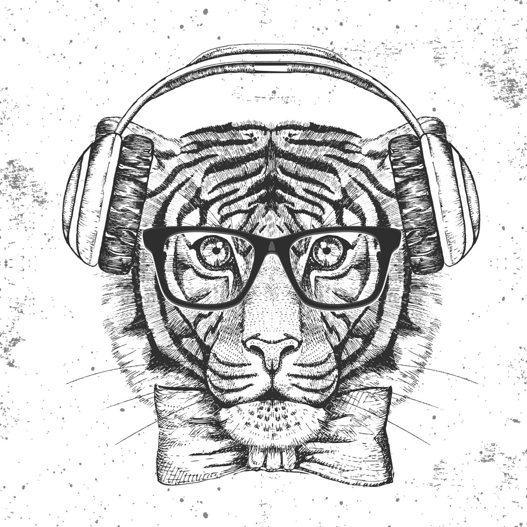 Pridmore Hipster Tiger mit Kopfhörern von Ganna Bozhko - Grafik auf Segeltuch