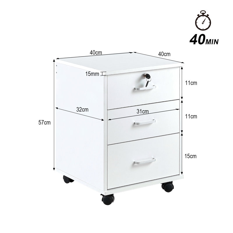 40cm Wide 3 -Drawer Mobile File Cabinet, White