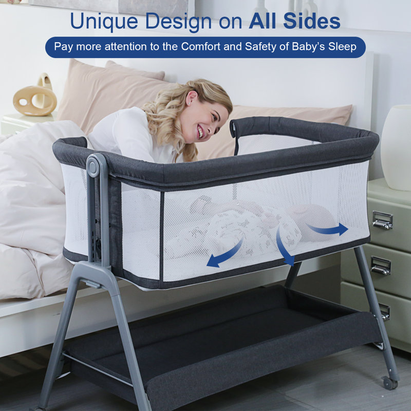 Scarletta Baby Bassinet Bedside Crib with Storage Basket and Wheels, Easy Folding Bed Side Sleeper Adjustable Height Portable Crib for Newborn