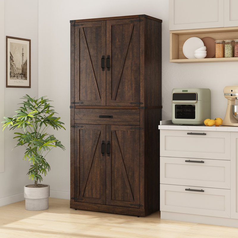 72" Farmhouse Kitchen Pantry Cabinet,4 Barn Doors, Storage Cabinet For Kitchen, Dining Room, Living Room, Brown