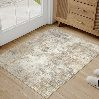 Modern Abstract Washable Rug In Grayish Gold