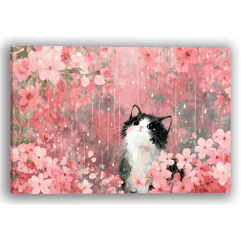 Art mural sur toile Blossom Rain Cat, H 16 po x l 24 po