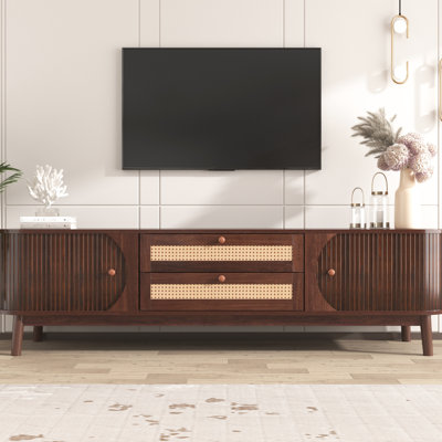 Meuble audio-vidéo avec portes coulissantes et rangement multifonctionnel pour meuble télé de 75 po, texture tissée, structure en bois massif et intérieur fonctionnel