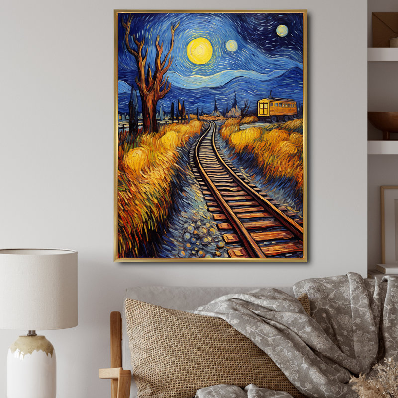 Train Rails par Vincent - art mural moderne, salon, Cadre flottant doré, H 40 po x l 30 po x P 1,5 po