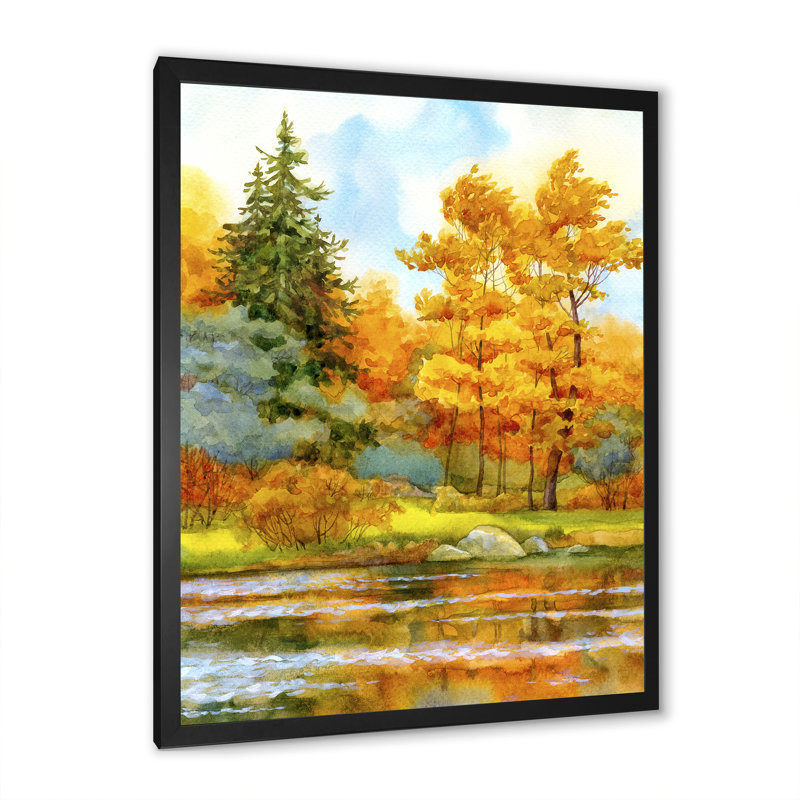 Forêt automnale au bord du lac I - Peinture sur toile, H 40 po x l 30 po x 1,5 po, Toile avec cadre noir