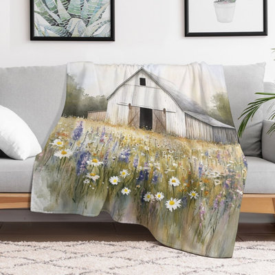 Jeté blanc en flanelle de luxe avec fleurs sauvages en fleurs, couverture douce et chaude pour le canapé-lit du salon
