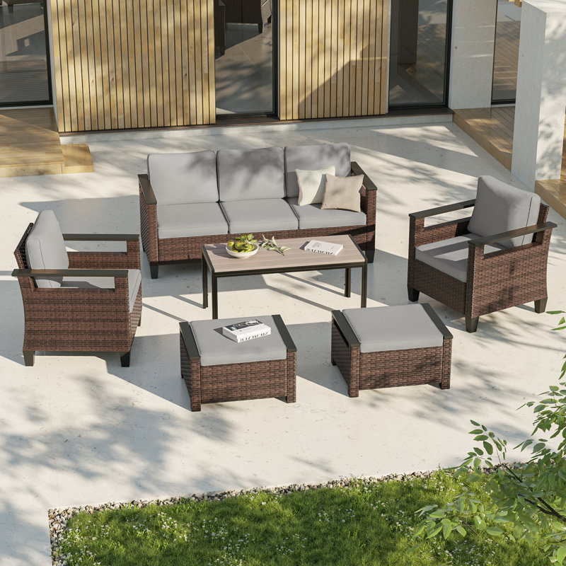 Ensemble de patio 6 pièces avec canapé 3 places, patio en rotin de polyéthylène avec coussins épais et structure robuste