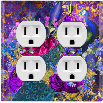 Metal Light Switch Plate Outlet Cover (Peacock Feathers Purple Vibrant Colourful Flowers Frame - Single Toggle)