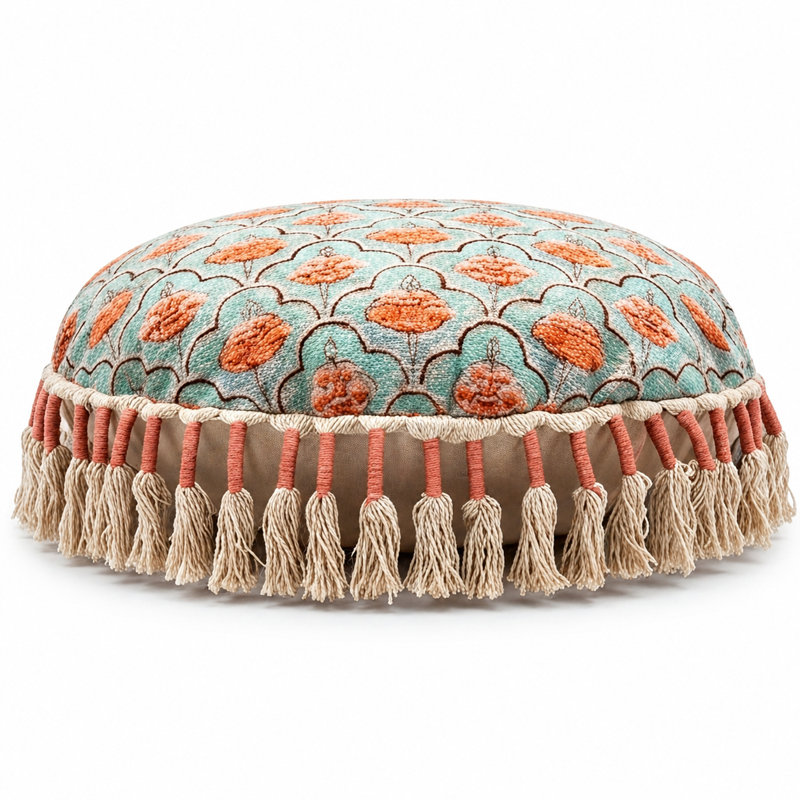 Coussin de sol rond imprimé avec pompons 51 x 51 x 9 cm, Rose et vert