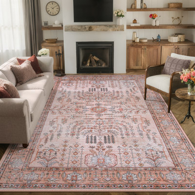 Kaldi Vintage Floral Washable Pink 6X9 Area Rugs for Living Room Bedroom, Non Slip Oriental Low-Pile Rug for Entryway Dining Room Carpet
