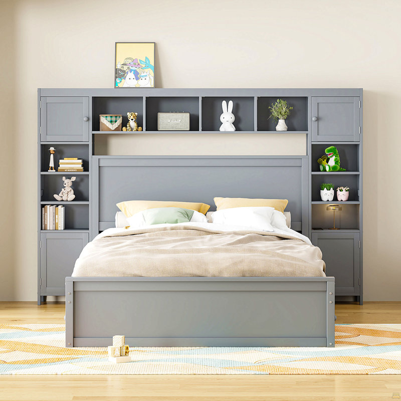 Queen Size Wooden Bed With All-In-One Cabinet, Shelf And Sockets, Gray, Gray