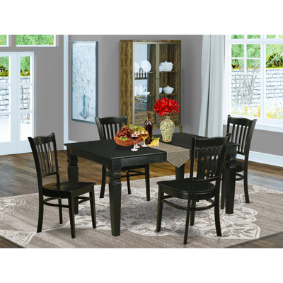 5-Piece Rectangle Black Finish Solid Wood Top Dining table with 4 Chairs with Lattice Back