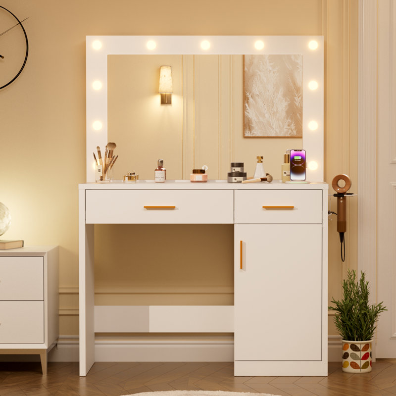 Coiffeuse de maquillage avec miroir lumineux à DEL et prise de courant, coiffeuse de maquillage avec 2 tiroirs, 1 armoire